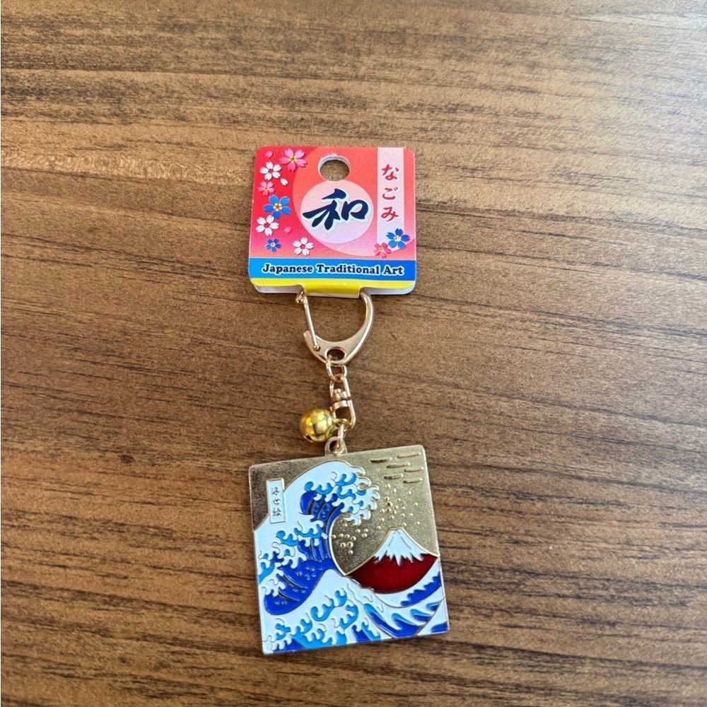 Japanese Traditional Art Keychain with Great Wave & Mount Fuji - Blue, Red, Gold
